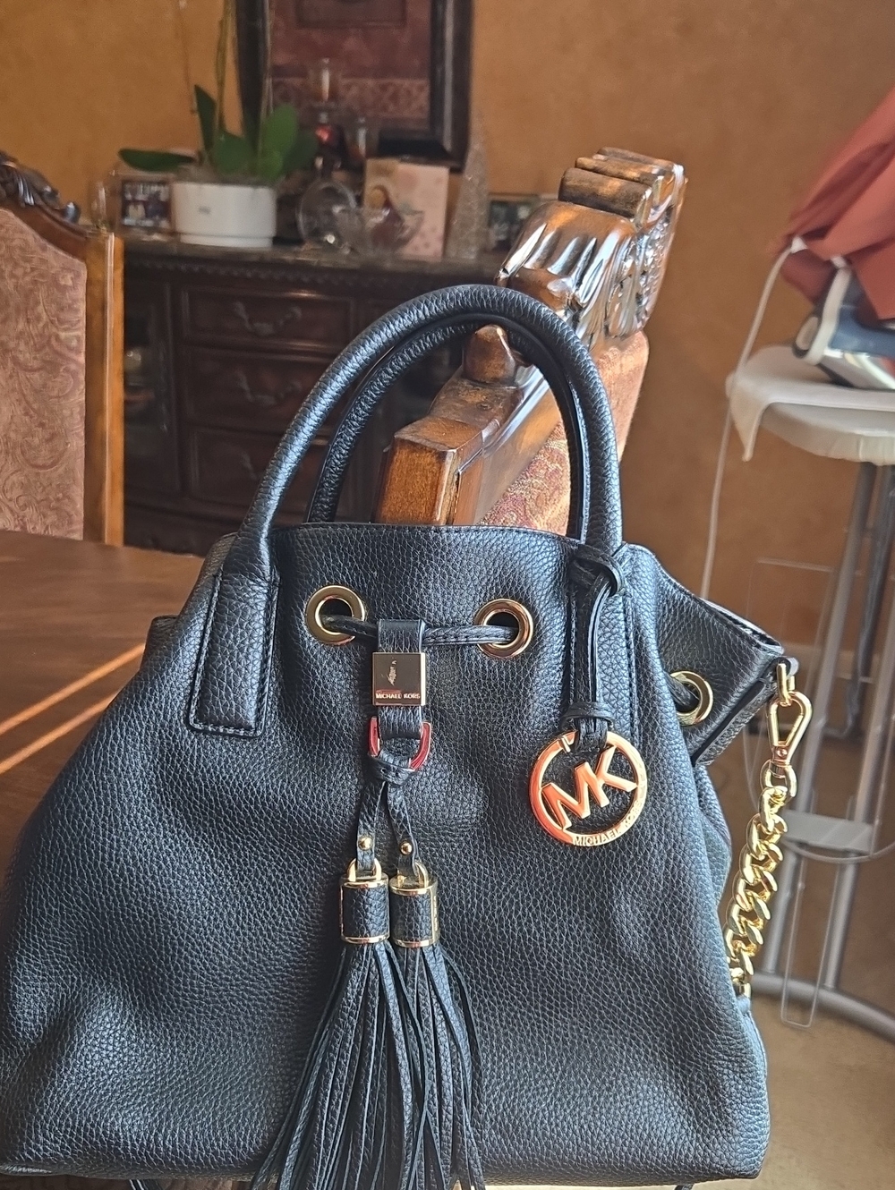 Michael Kors Black Leather Tassel Drawstring Satchel with Gold Hardware